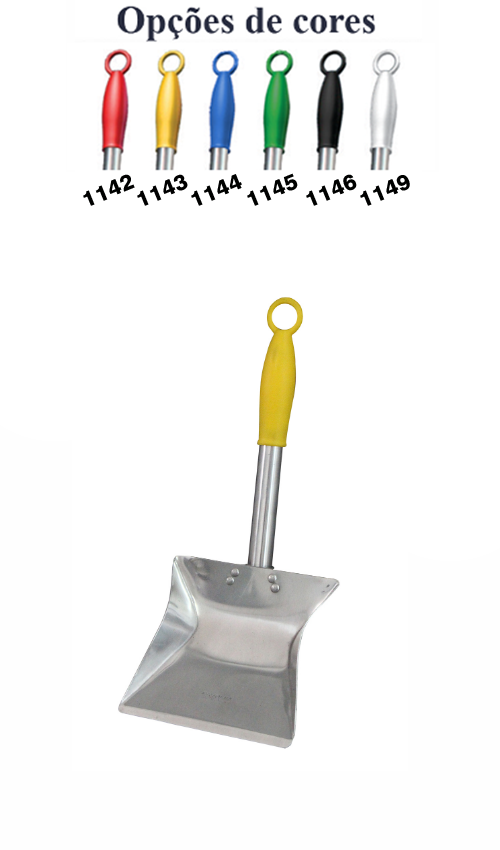 <b>1143</b> - PÁ COLETORA DE LIXO, PRODUZIDA EM CHAPA DE  ALUMÍNIO MEDINDO 19cm X 19cm, COM CABO DE 1